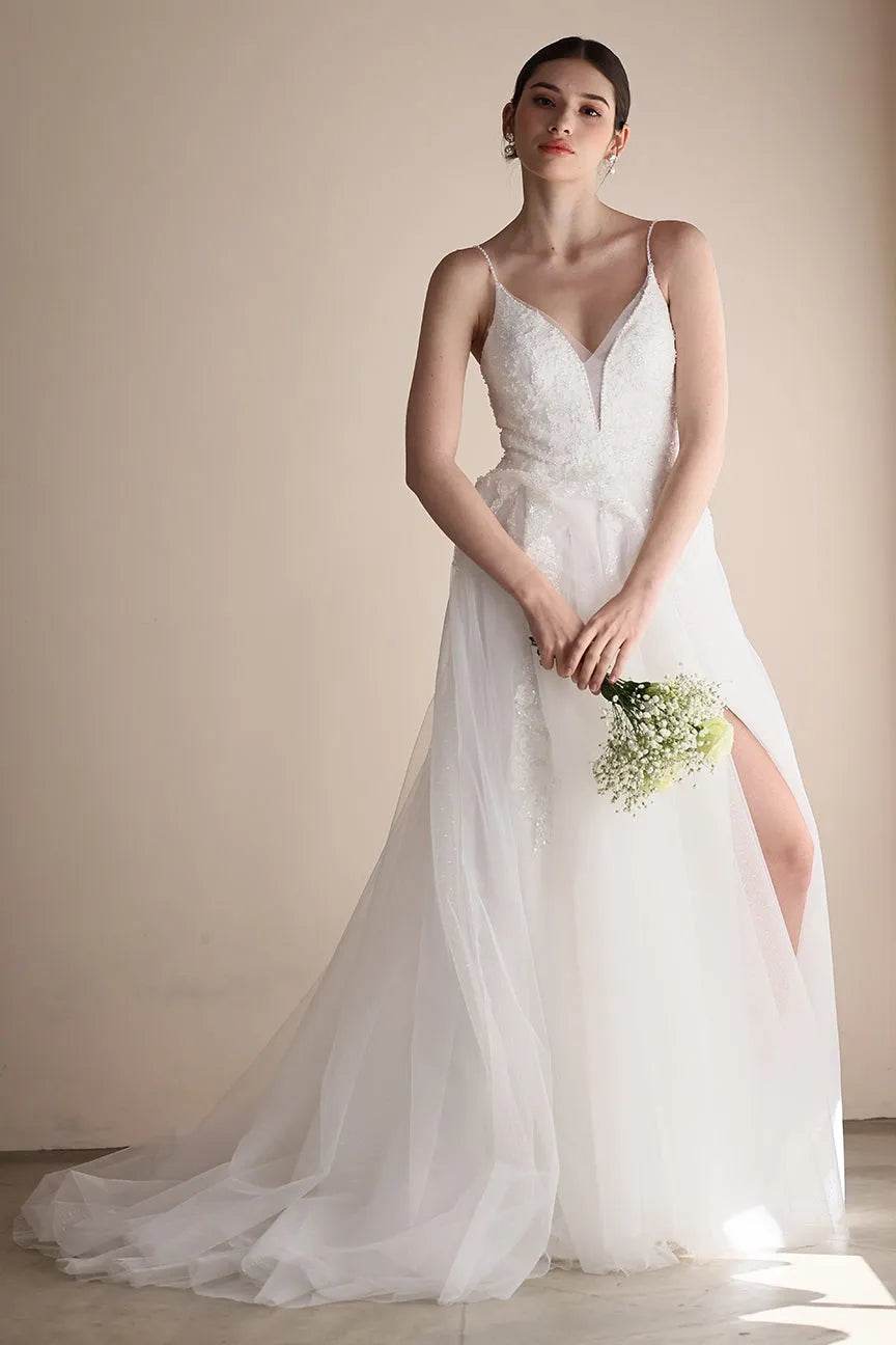 A-Line Sweep-Brush Train Lace Tulle Wedding Dress CW3547 - COCOMELODY
